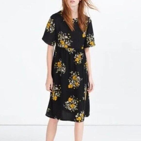 ZARA Floral Lace Up Back Babydoll Midi Stretch Dress Short Sleeve M Black Orange - Picture 12 of 15